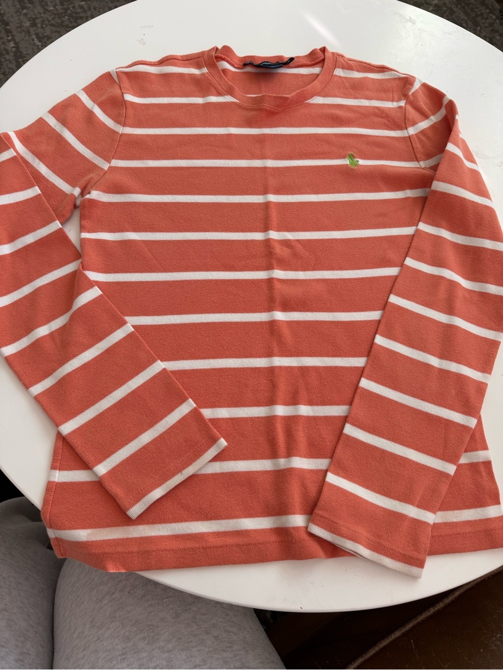 Ralph Lauren Orange and White Striped Long-Sleeve Tee with Green Pony Embroidery